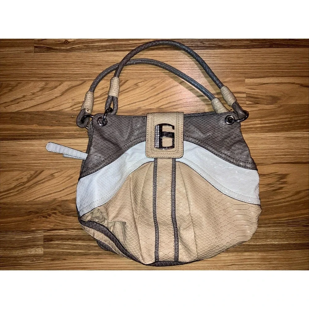 VTG Guess Y2K Big G Logo Baguette Canvas‎ Monogram AOP Faux Croc Leather Purse